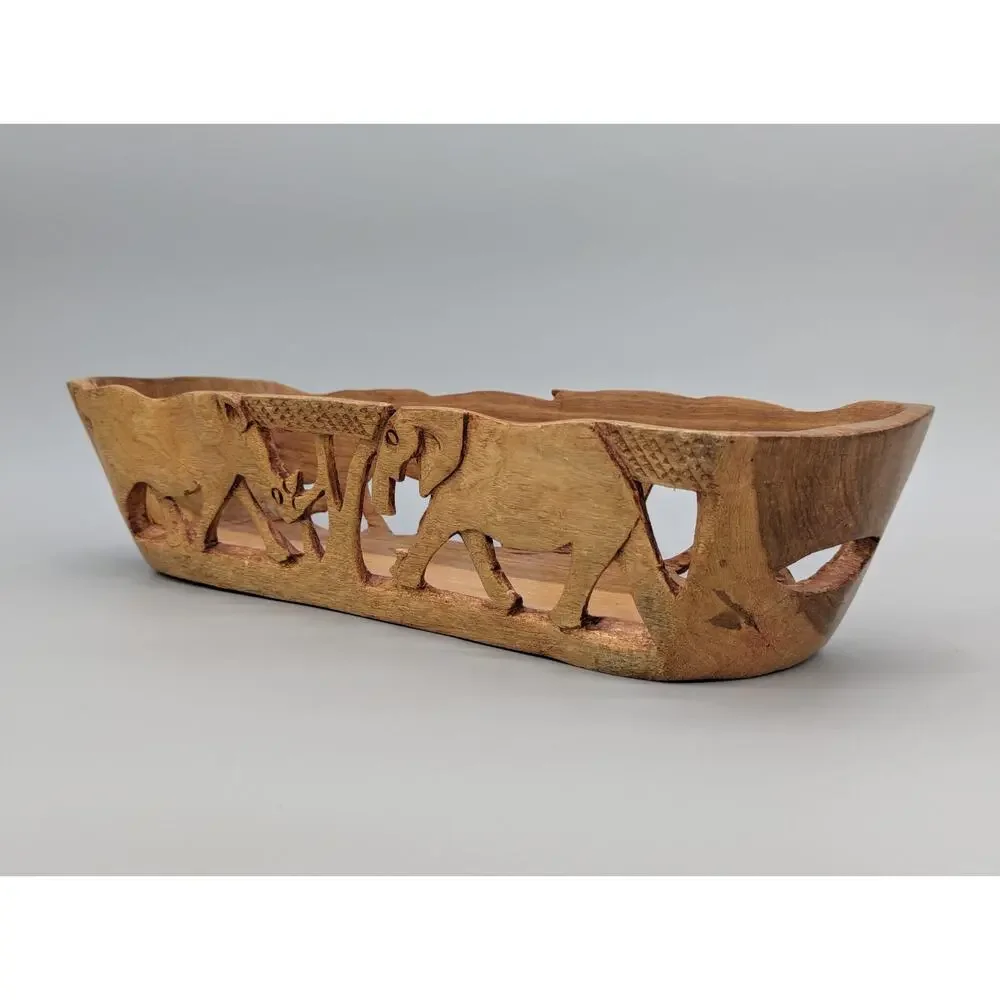 Safari African Hand Carved Wood Fruit Food Decorative Basket 14” Vintage